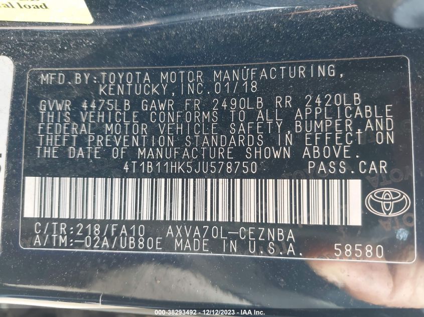 2018 TOYOTA CAMRY L/LE/XLE/SE/XSE - 4T1B11HK5JU578750