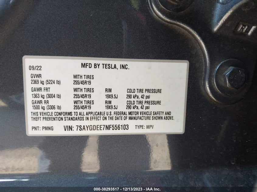 2022 TESLA MODEL Y U   U(VIN: 7SAYGDEE7NF556103