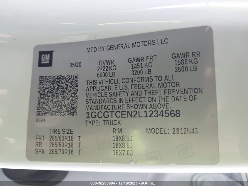 2020 CHEVROLET COLORADO 4WD  SHORT BOX LT - 1GCGTCEN2L1234568
