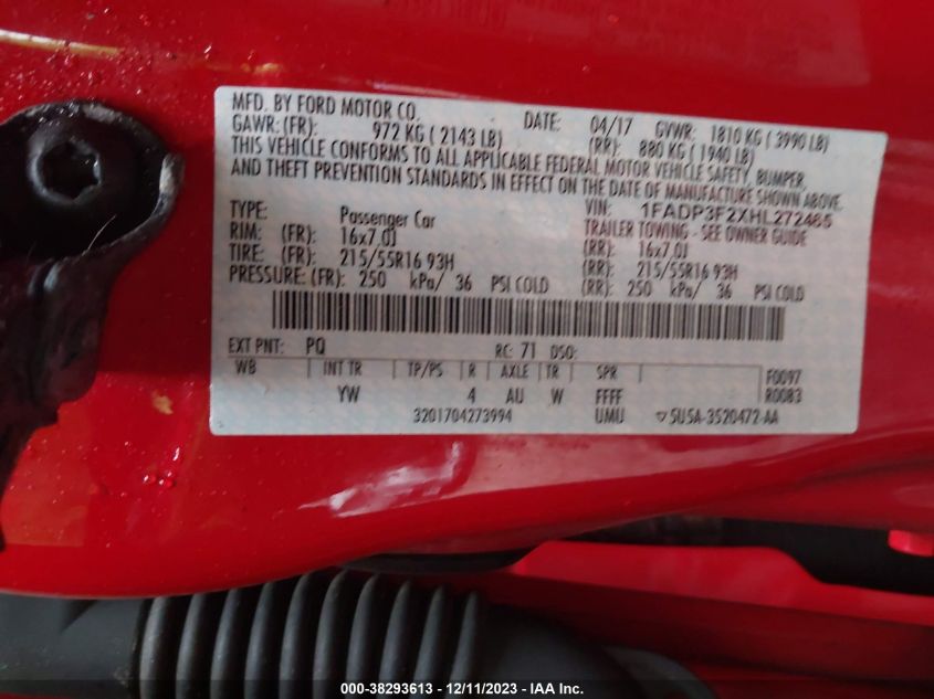 2017 FORD FOCUS SE - 1FADP3F2XHL272465