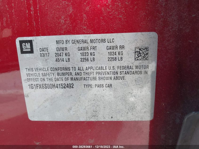 2017 CHEVROLET BOLT EV PREMIER - 1G1FX6S00H4152492