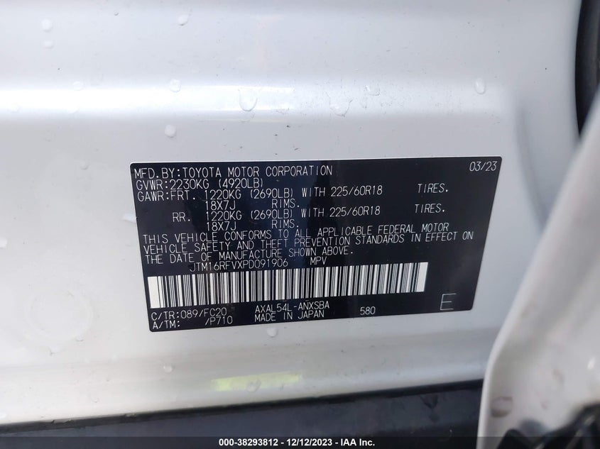 VIN JTM16RFVXPD091906 2023 TOYOTA RAV4 SE HYBRID