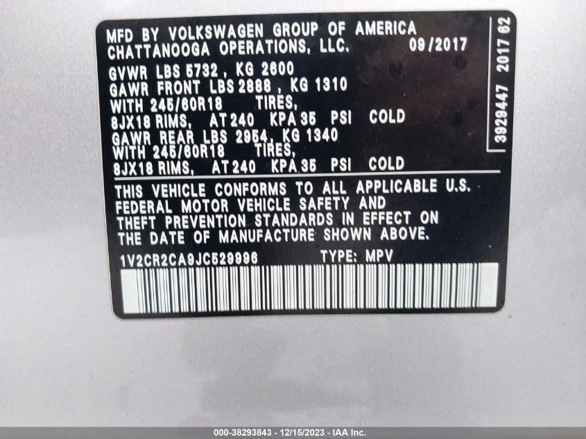 2018 VOLKSWAGEN ATLAS 3.6L V6 SE - 1V2CR2CA9JC529996
