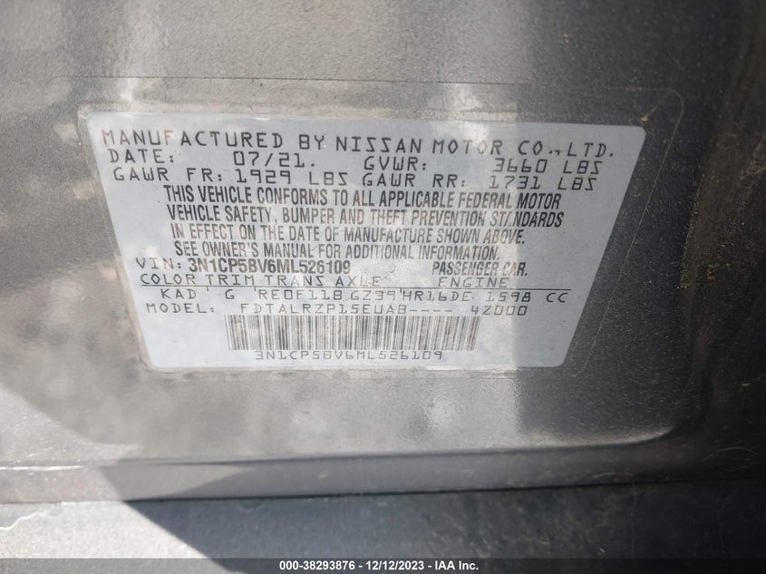VIN 3N1CP5BV6ML526109 2021 NISSAN KICKS S XTRONIC CVT