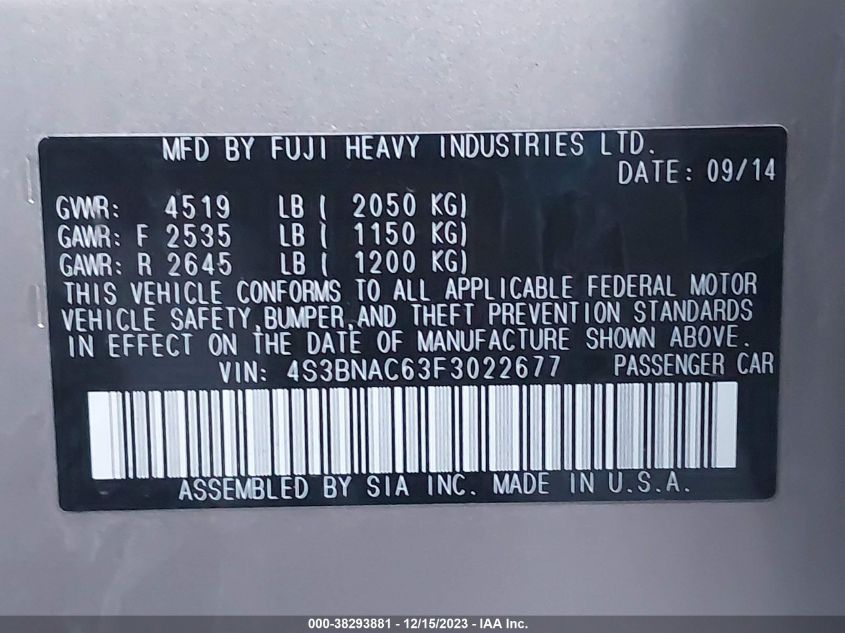 2015 SUBARU LEGACY 2.5I PREMIUM - 4S3BNAC63F3022677