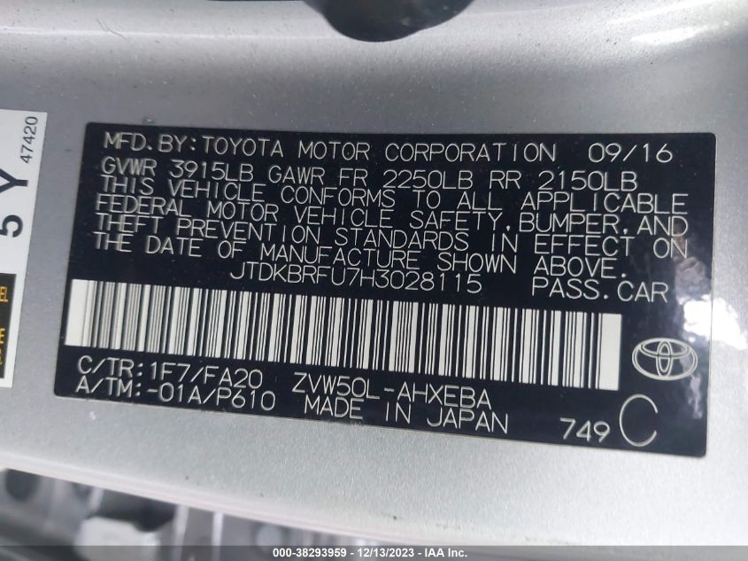 2017 TOYOTA PRIUS - JTDKBRFU7H3028115