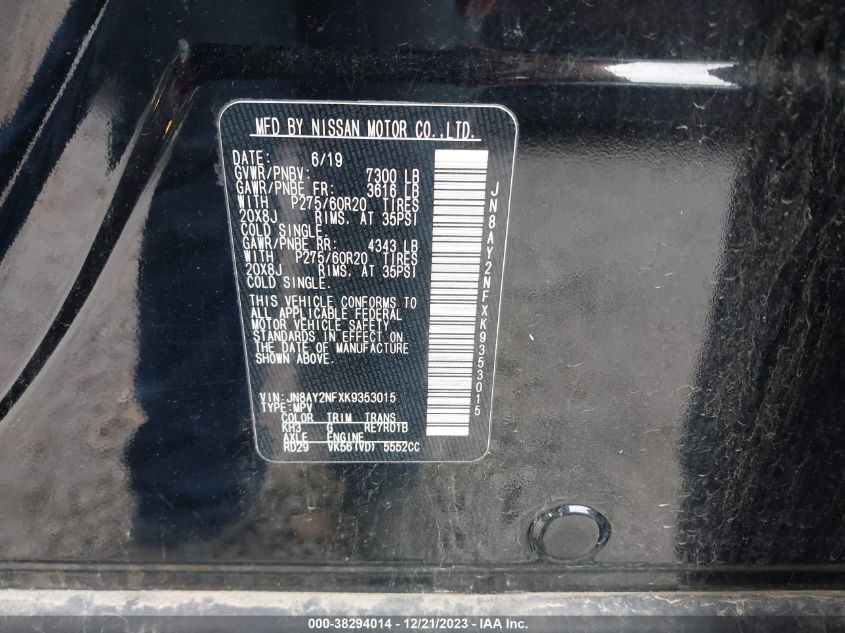 2019 NISSAN ARMADA PLATINUM - JN8AY2NFXK9353015