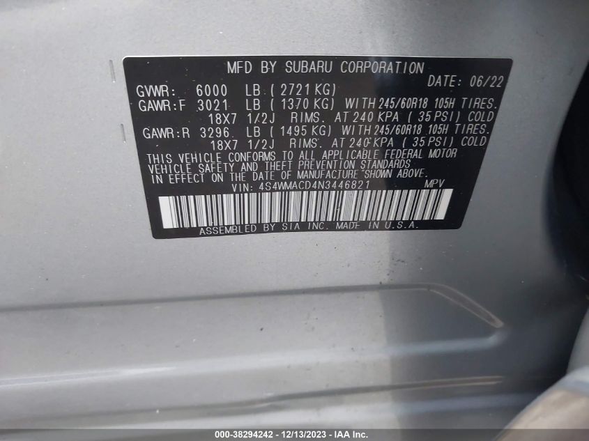 2022 SUBARU ASCENT PREMIUM - 4S4WMACD4N3446821