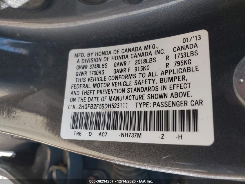 2013 HONDA CIVIC LX - 2HGFB2F56DH523111
