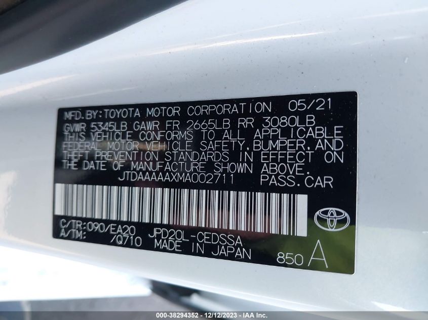 2021 TOYOTA MIRAI XLE JTDAAAAAXMA002711