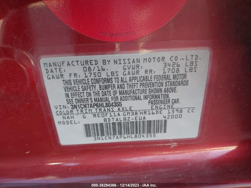 2017 NISSAN VERSA 1.6 SV - 3N1CN7AP6HL804355