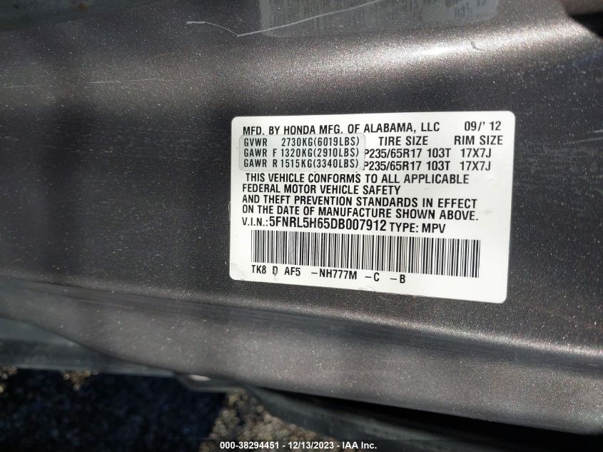 2013 HONDA ODYSSEY EX-L - 5FNRL5H65DB007912