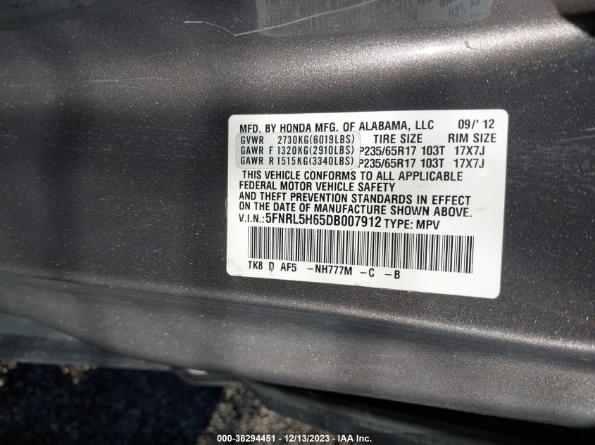 VIN 5FNRL5H65DB007912 2013 HONDA ODYSSEY no.9