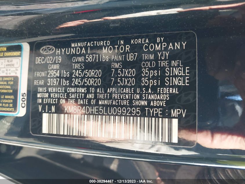 VIN KM8R4DHE5LU099295 2020 HYUNDAI PALISADE no.9