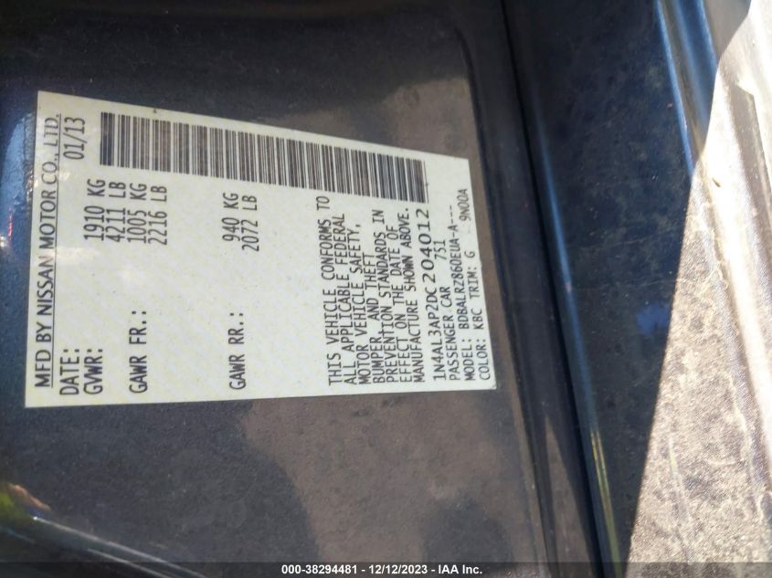 2013 NISSAN ALTIMA 2.5 S - 1N4AL3AP2DC204012