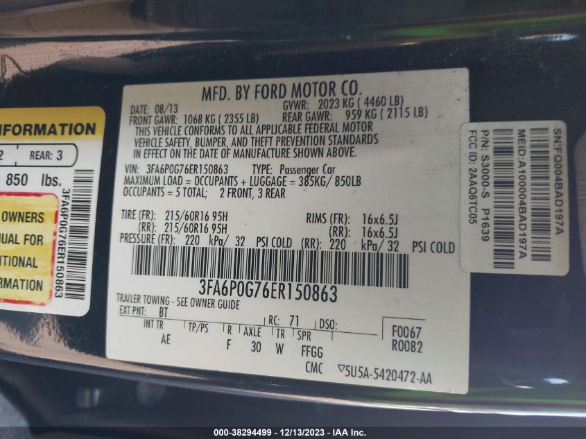 2014 FORD FUSION S - 3FA6P0G76ER150863