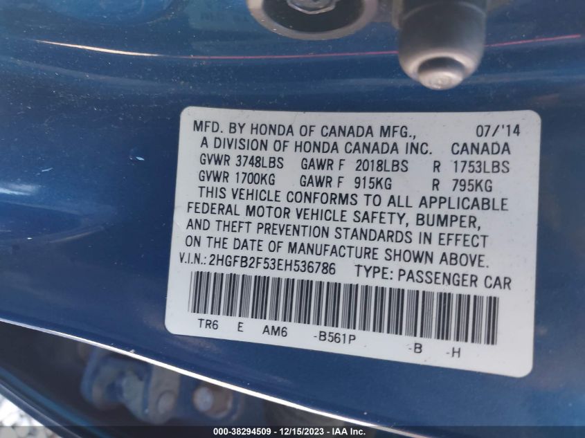 2014 HONDA CIVIC LX - 2HGFB2F53EH536786