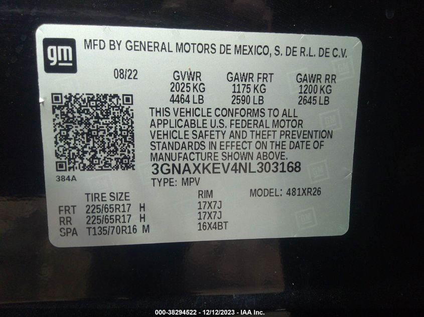 2022 CHEVROLET EQUINOX LT - 3GNAXKEV4NL303168