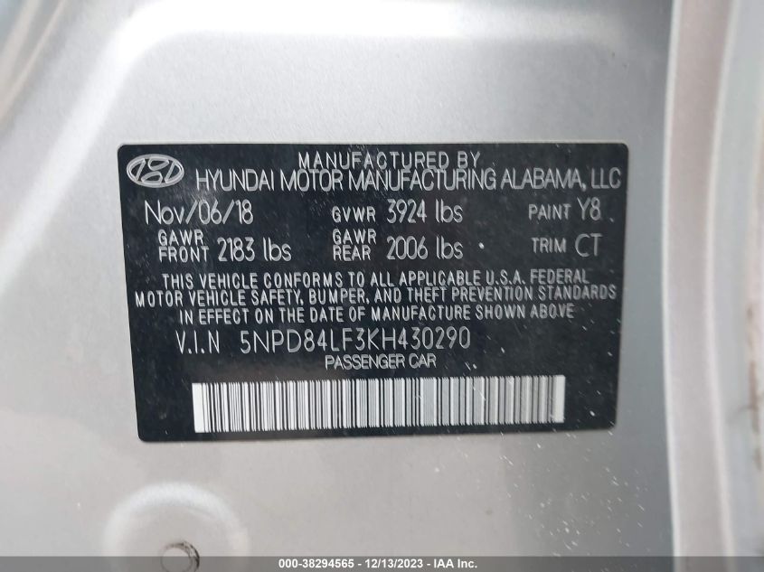 2019 HYUNDAI ELANTRA SEL/VALUE/LIMITED - 5NPD84LF3KH430290