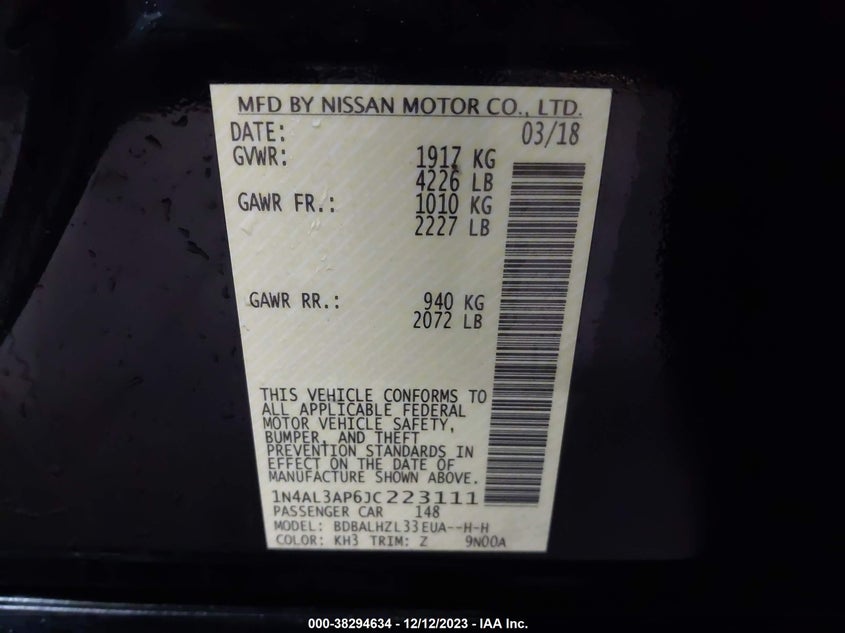 VIN 1N4AL3AP6JC223111 2018 NISSAN ALTIMA 2.5 SR
