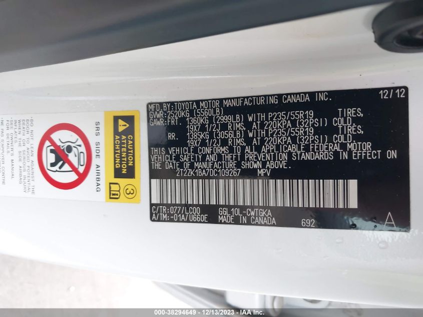 2013 LEXUS RX 350 BASE (A6) - 2T2ZK1BA7DC109267