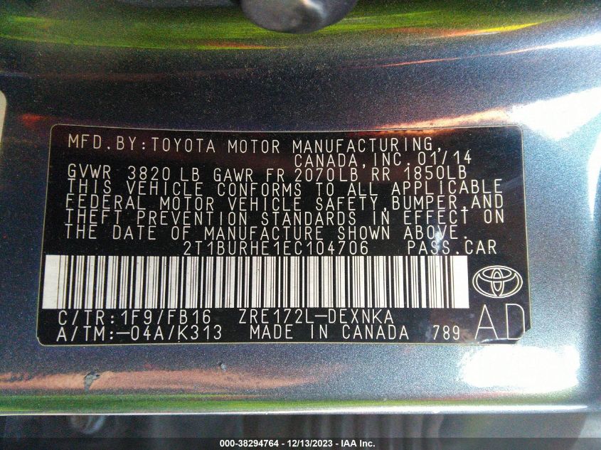 2014 TOYOTA COROLLA L/LE/LE PLS/PRM/S/S PLS - 2T1BURHE1EC104706