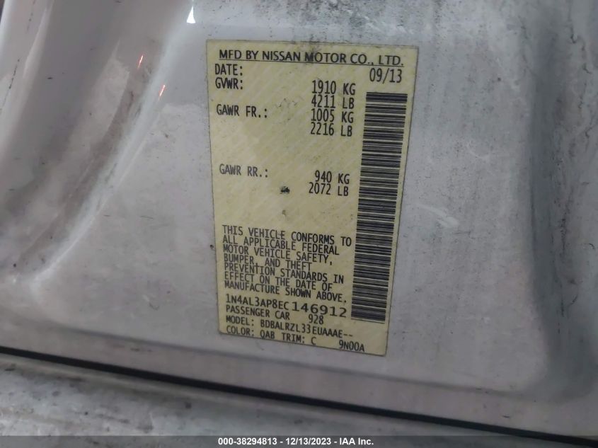 2014 NISSAN ALTIMA 2.5/S/SV/SL - 1N4AL3AP8EC146912