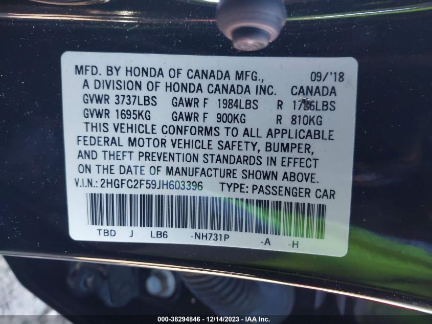 2HGFC2F59JH603396 | 2018 HONDA CIVIC