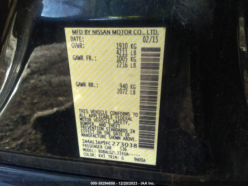 2015 NISSAN ALTIMA 2.5/2.5 S/2.5 SL/2.5 SV - 1N4AL3AP9FC273038