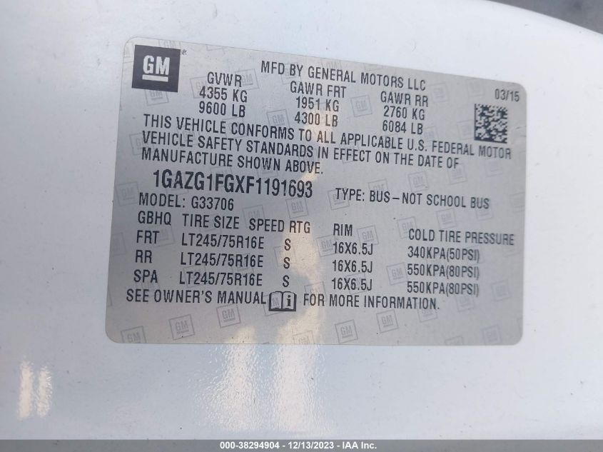 2015 CHEVROLET EXPRESS 3500 LT 1GAZG1FGXF1191693