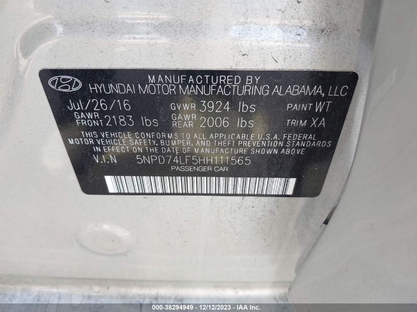 2017 HYUNDAI ELANTRA SE - 5NPD74LF5HH111565