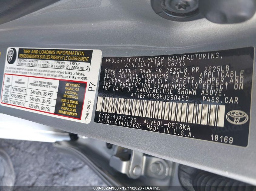 2017 TOYOTA CAMRY SE - 4T1BF1FK6HU280450
