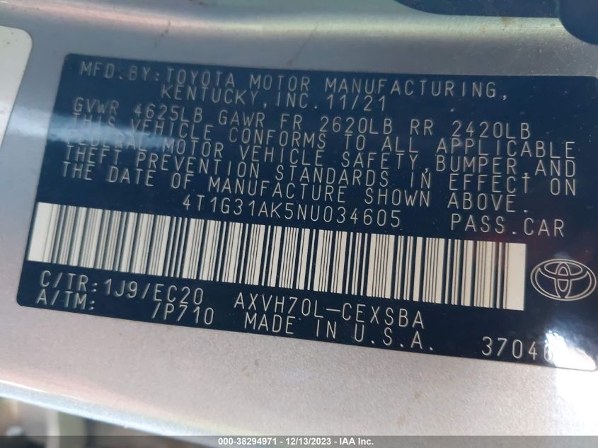 2022 TOYOTA CAMRY NIGHT SHADE/SE - 4T1G31AK5NU034605