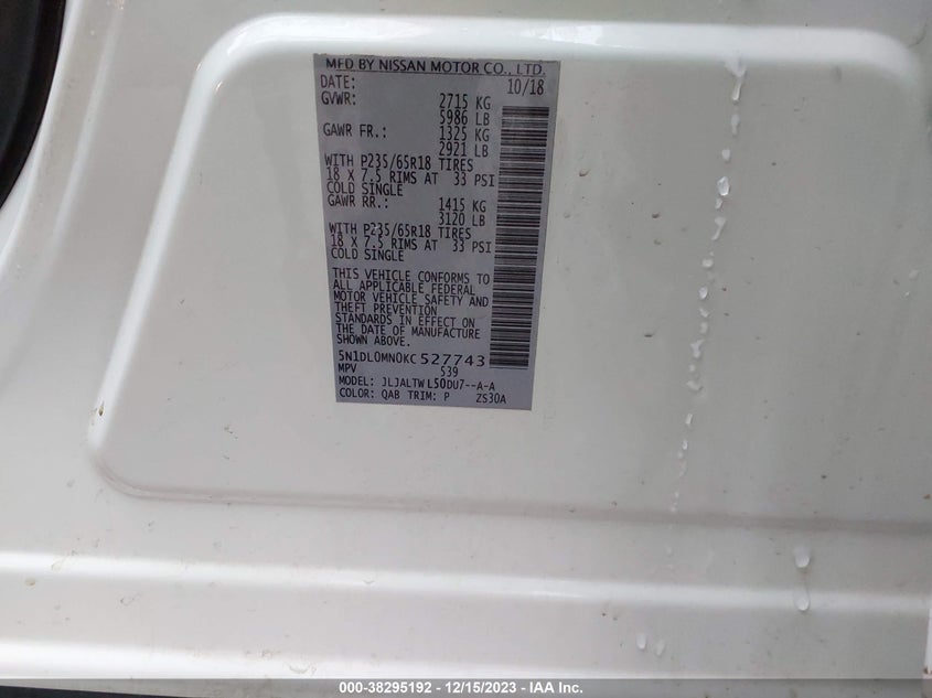 VIN 5N1DL0MN0KC527743 2019 INFINITI QX60 LUXE