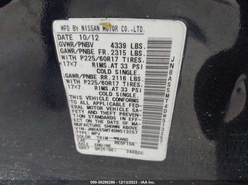 2013 NISSAN ROGUE SV - JN8AS5MT4DW513257