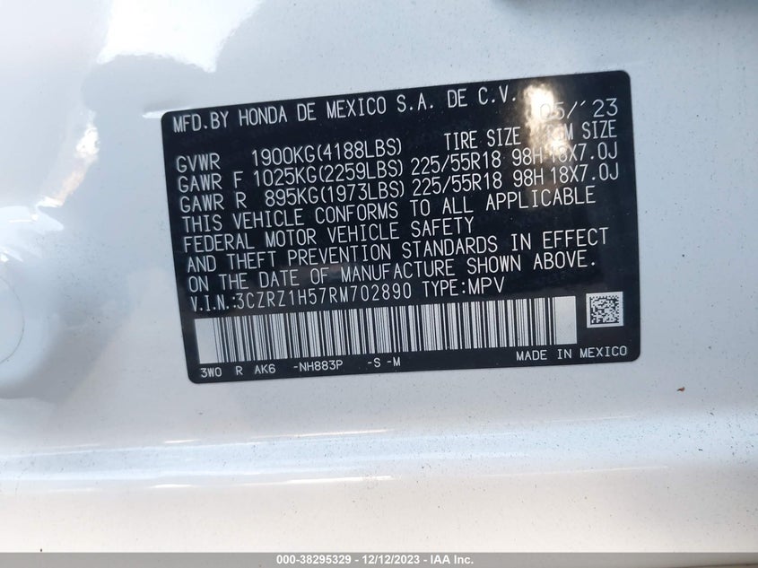 2024 HONDA HR-V 2.0L I4   N(VIN: 3CZRZ1H57RM702890
