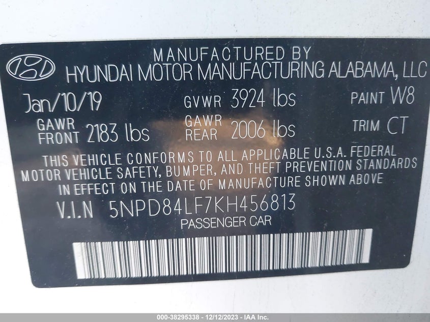 VIN 5NPD84LF7KH456813 2019 HYUNDAI ELANTRA SEL/VALUE/LIMITED