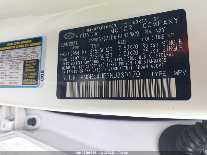 2022 HYUNDAI PALISADE 3.8L V6 FI DOHC 24V (VIN: KM8R54HE3NU339170