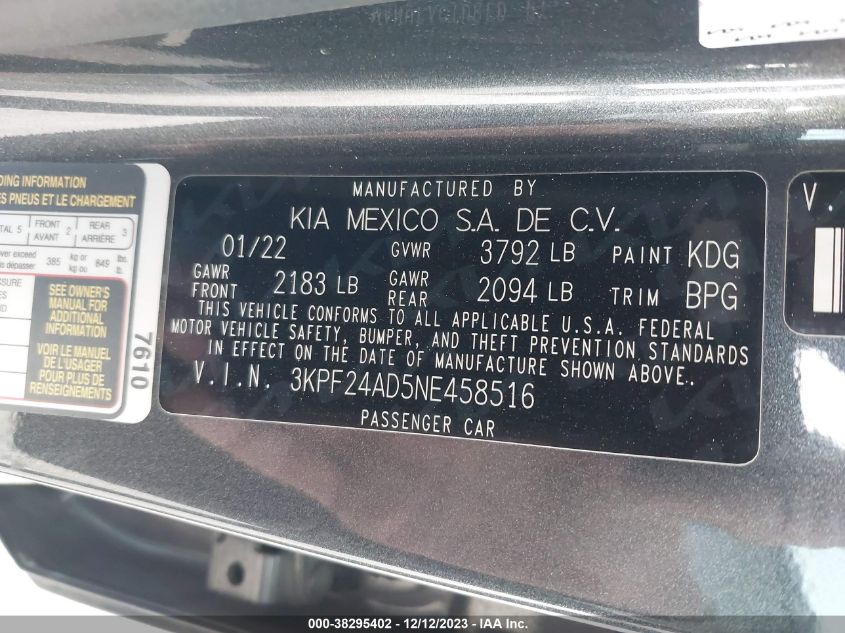 2022 KIA FORTE FE/LXS - 3KPF24AD5NE458516