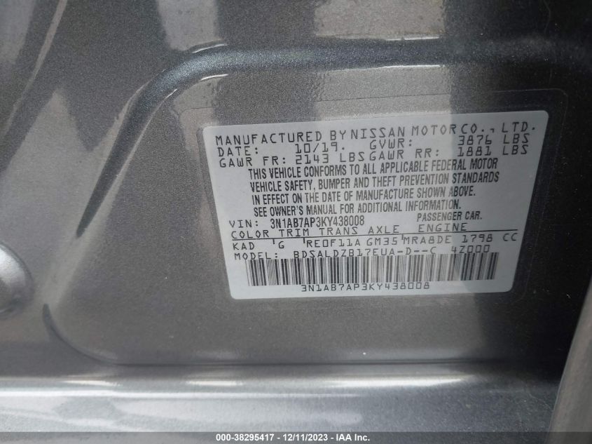 VIN 3N1AB7AP3KY438008 2019 NISSAN SENTRA SV