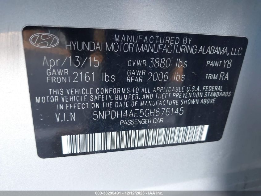 2016 HYUNDAI ELANTRA SE/SPORT/LIMITED - 5NPDH4AE5GH676145