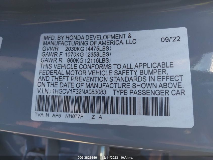 2022 HONDA ACCORD SPORT - 1HGCV1F32NA083083