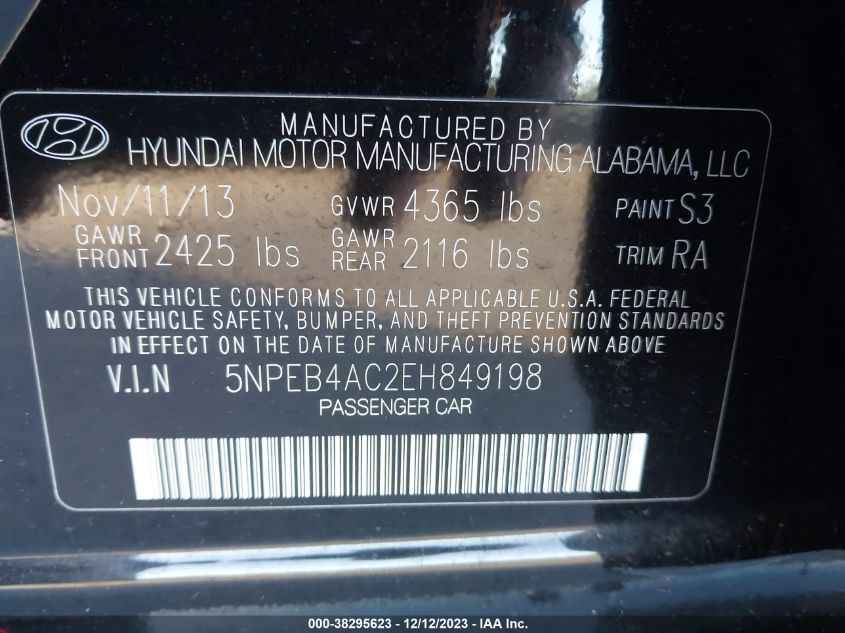 2014 HYUNDAI SONATA GLS - 5NPEB4AC2EH849198