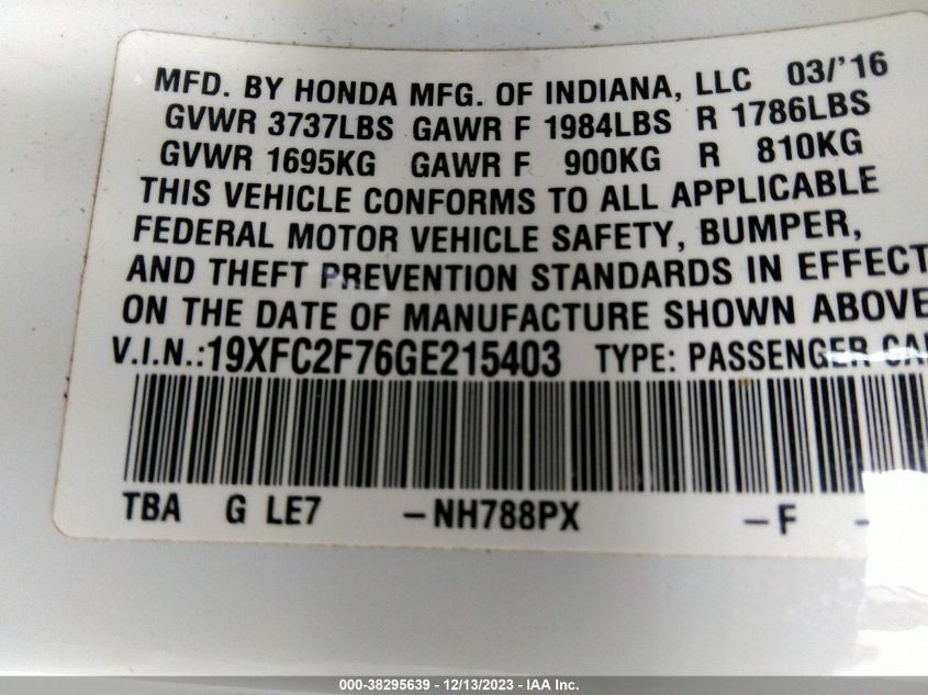 2016 HONDA CIVIC EX - 19XFC2F76GE215403