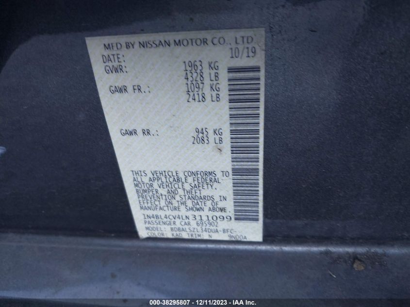 2020 NISSAN ALTIMA SR FWD - 1N4BL4CV4LN311099