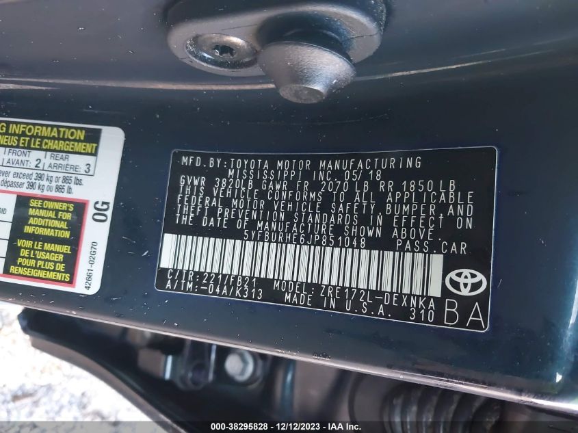 2018 TOYOTA COROLLA L/LE/XLE/SE/XSE - 5YFBURHE6JP851048