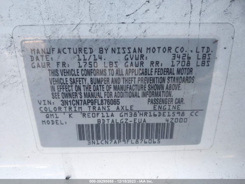 2015 NISSAN VERSA 1.6 SL - 3N1CN7AP9FL876065