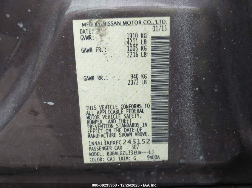 2015 NISSAN ALTIMA 2.5 S - 1N4AL3APXFC245152