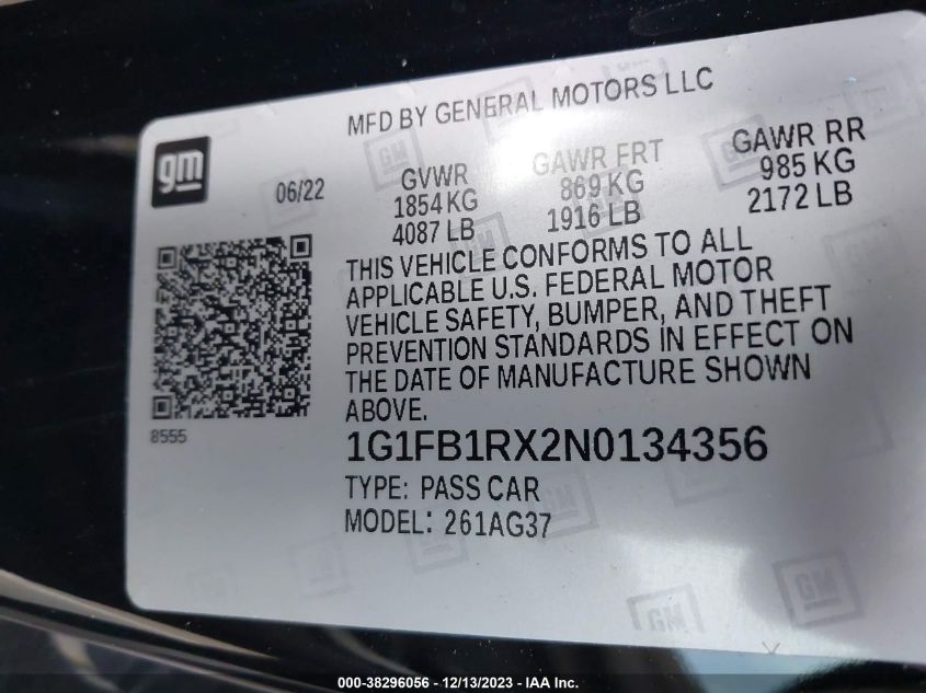 2022 CHEVROLET CAMARO LS/LT - 1G1FB1RX2N0134356