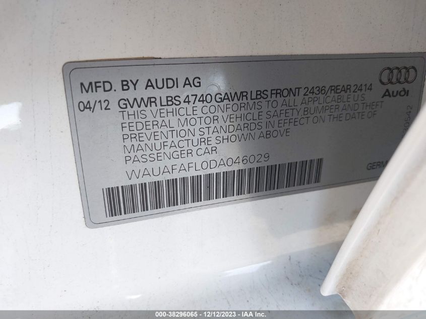 2013 AUDI A4 2.0T PREMIUM - WAUAFAFL0DA046029